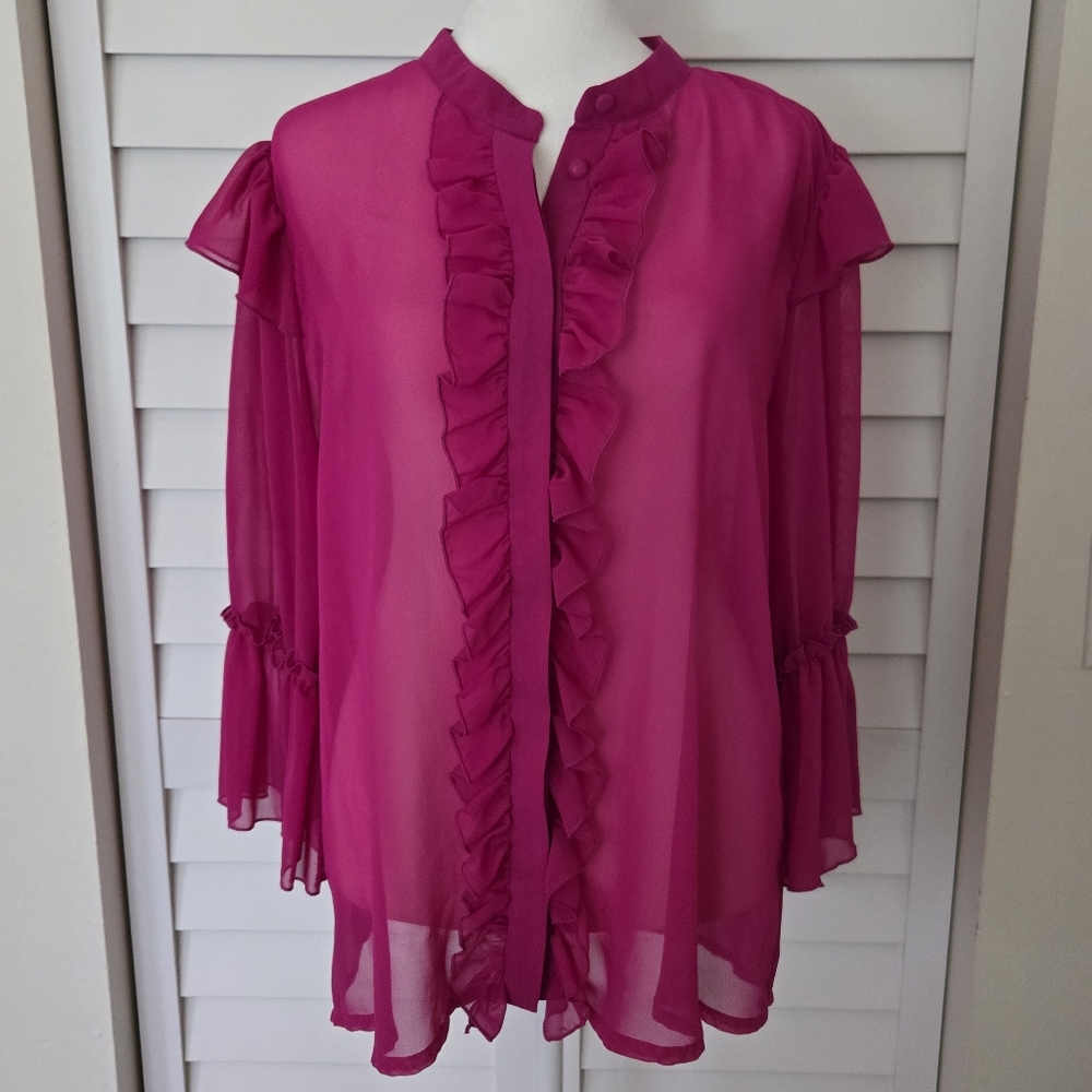 V Cristina Women's Sheer Mgenta Ruffle Blouse Size M - Picture 2 of 13